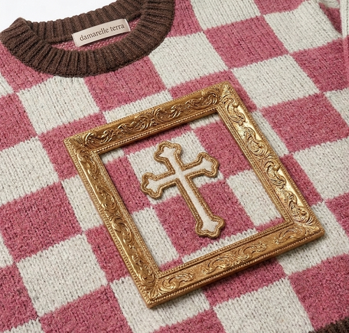 Abbey & Arbor Pink Checkered Knit Sweater