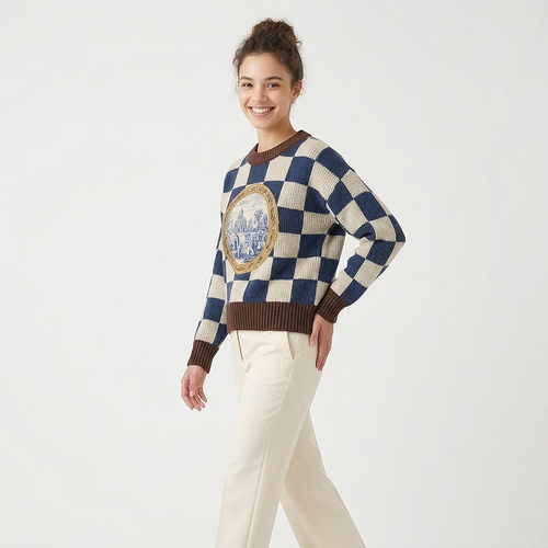 Abbey & Arbor Blue Checkered Knit Sweater